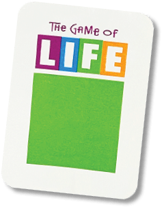 The text “The Game of LIFE" is displayed with each letter of "LIFE" in a colorful block above a large green square. Description generated by AI